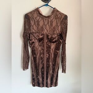 Elegant Long Sleeve Brown Velvet Lace Dress
